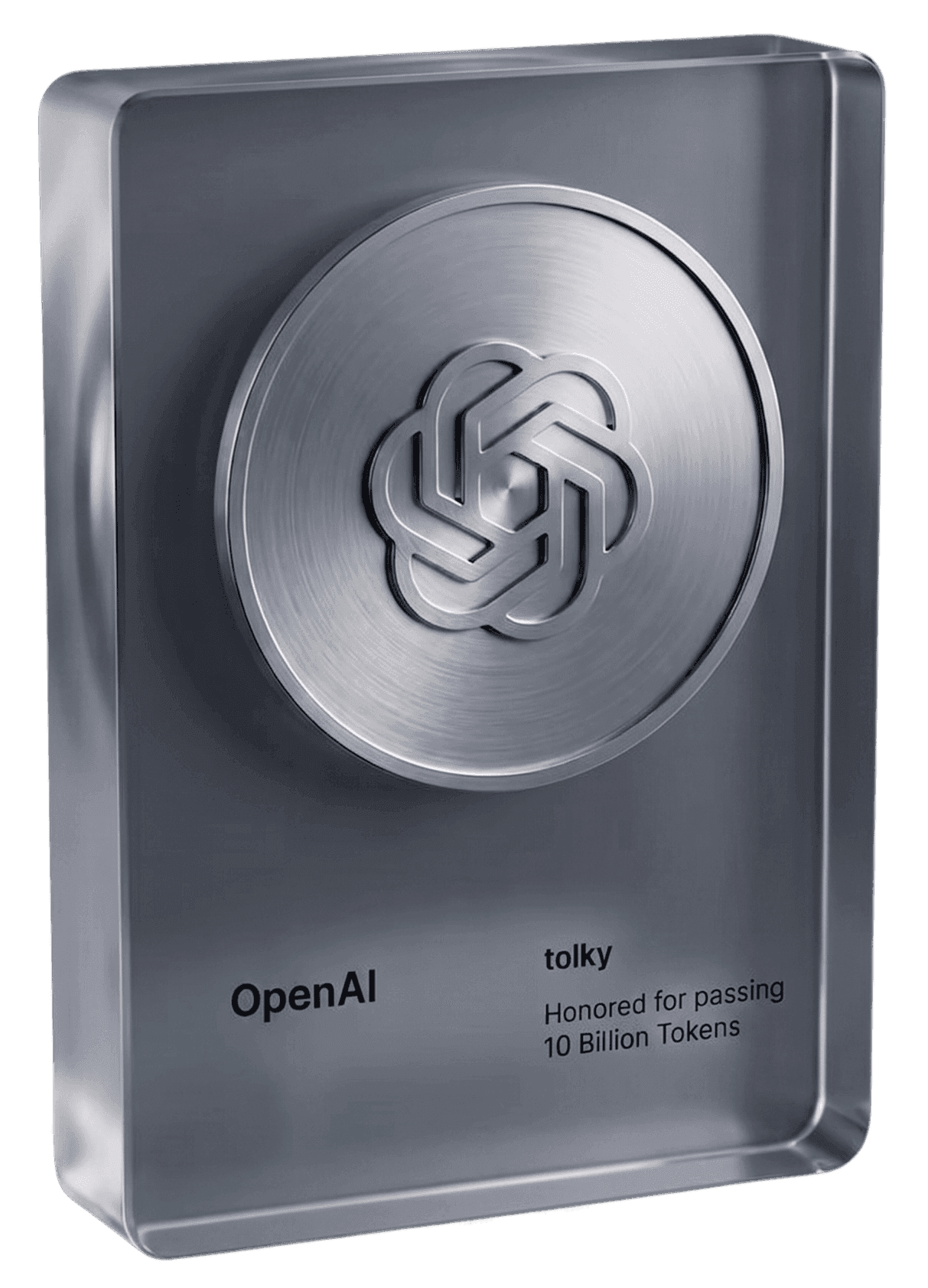 OpenAI recognition plaque awarded to Tolky for surpassing 10 billion tokens processed